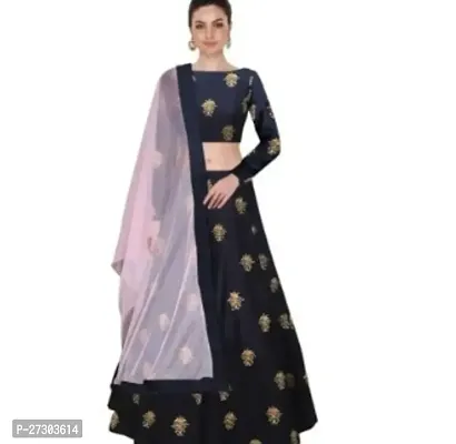 Stylish Navy Blue Satin Silk Printed Lehenga with Choli And Dupatta Set For Women-thumb0