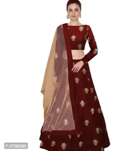 Stylish Maroon Satin Silk Printed Lehenga with Choli And Dupatta Set For Women-thumb0