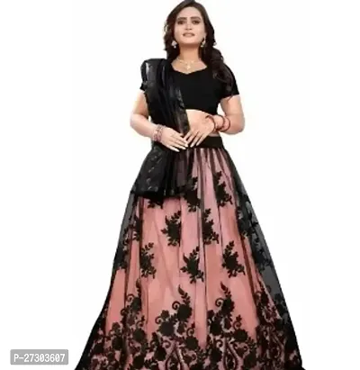 Stylish Black Net Solid Lehenga with Choli And Dupatta Set For Women-thumb0