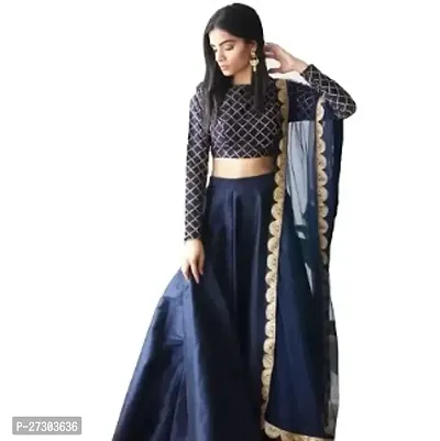 Stylish Navy Blue Silk Blend Self Design Lehenga with Choli And Dupatta Set For Women-thumb0