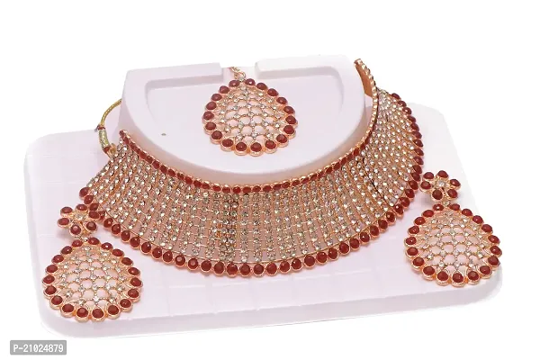 ZBeauty Gold Tone Pearls Bridal Necklace Earring Maangtikka Set For Women (ROSE GOLD)