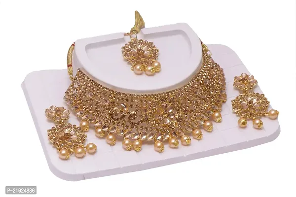 ZBeauty Gold Tone Pearls Bridal Necklace Earring Maangtikka Set For Women (GOLD)