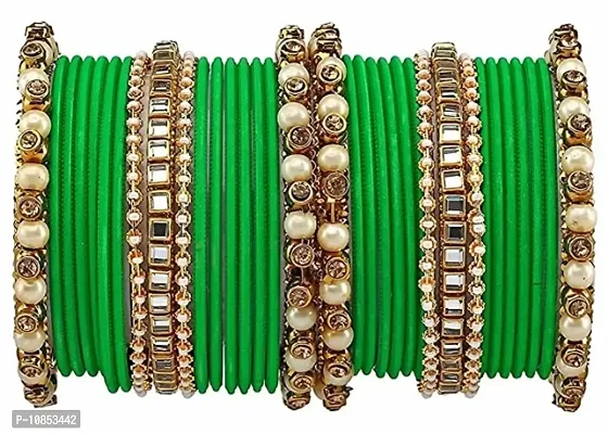 Metal with Beads worked Bangle Set For Women and Girls, (Green), Pack Of 34 Bangle Set