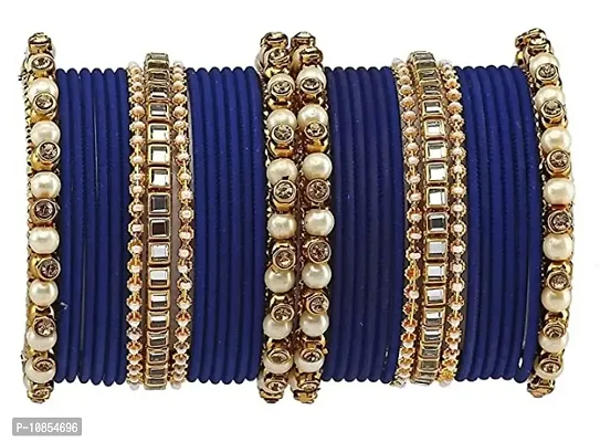 Metal with Beads worked Bangle Set For Women and Girls, (Blue), Pack Of 34 Bangle Set
