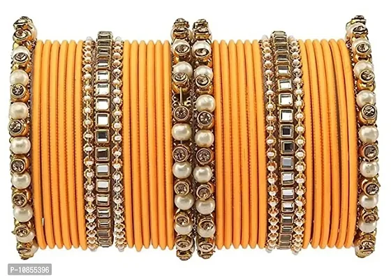 Metal with Beads worked Bangle Set For Women and Girls, (Haldi), Pack Of 34 Bangle Set