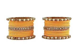 Metal with Beads worked Bangle Set For Women and Girls, (Haldi), Pack Of 34 Bangle Set-thumb1