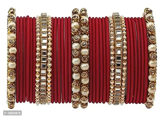 Metal with Beads worked Bangle Set For Women and Girls, (Maroon), Pack Of 34 Bangle Set