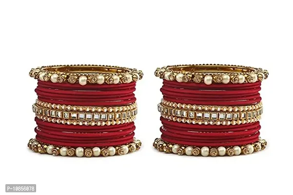 Metal with Beads worked Bangle Set For Women and Girls, (Maroon), Pack Of 34 Bangle Set-thumb2