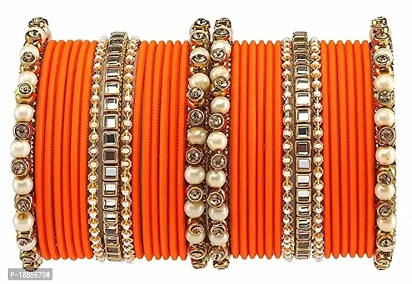 Metal with Beads worked Bangle Set For Women and Girls, (Orange), Pack Of 34 Bangle Set