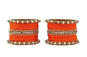 Metal with Beads worked Bangle Set For Women and Girls, (Orange), Pack Of 34 Bangle Set-thumb1