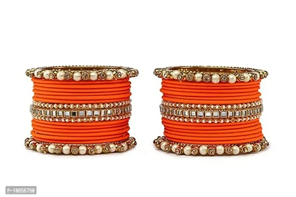 Metal with Beads worked Bangle Set For Women and Girls, (Orange), Pack Of 34 Bangle Set-thumb2