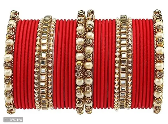 Metal with Beads worked Bangle Set For Women and Girls, (Red), Pack Of 34 Bangle Set