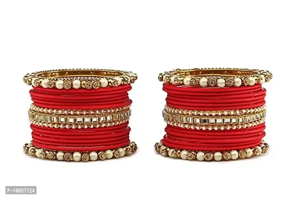 Metal with Beads worked Bangle Set For Women and Girls, (Red), Pack Of 34 Bangle Set-thumb2