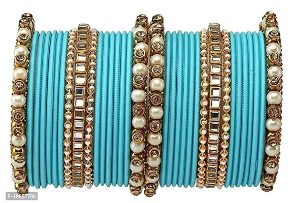 Metal with Beads worked Bangle Set For Women and Girls, (SkyBlue), Pack Of 34 Bangle Set-thumb0