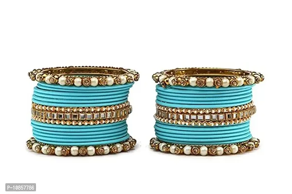 Metal with Beads worked Bangle Set For Women and Girls, (SkyBlue), Pack Of 34 Bangle Set-thumb2