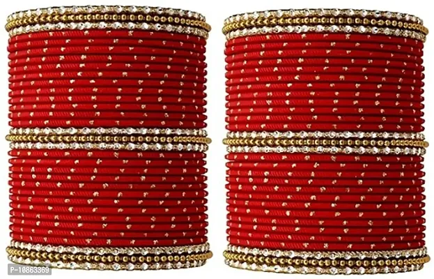 Metal with Polka Dots Or Ball Chain Bangle Set For Women and Girls, (Red), Pack Of 66 Bangle Set