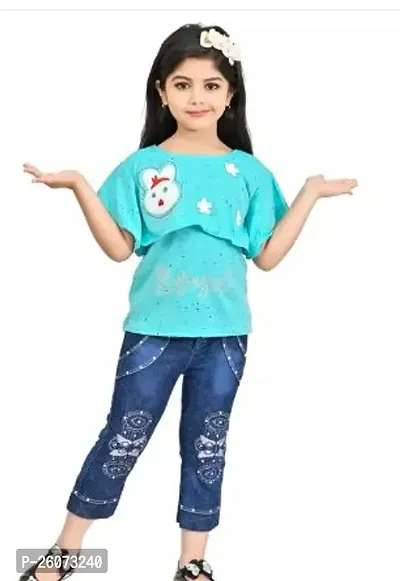 Fabulous Blue Crepe Printed Top With Bottom For Girls-thumb0