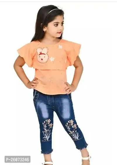 Fabulous Peach Crepe Printed Top With Bottom For Girls