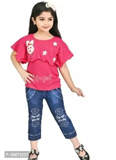 Fabulous Pink Crepe Printed Top With Bottom For Girls