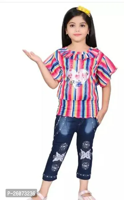 Fabulous Multicoloured Crepe Printed Top With Bottom For Girls-thumb0