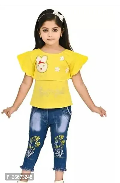Fabulous Yellow Crepe Printed Top With Bottom For Girls