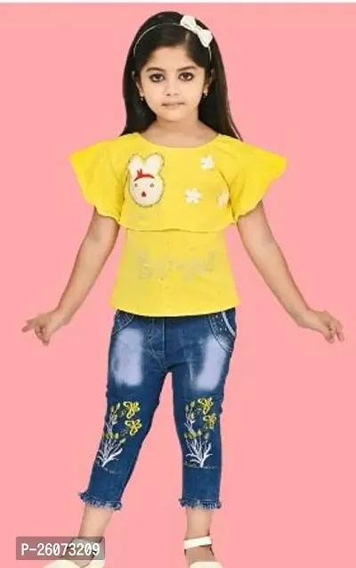 Fabulous Yellow Cotton Printed Top With Bottom For Girls