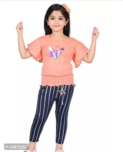 Fabulous Peach Crepe Printed Top With Bottom For Girls