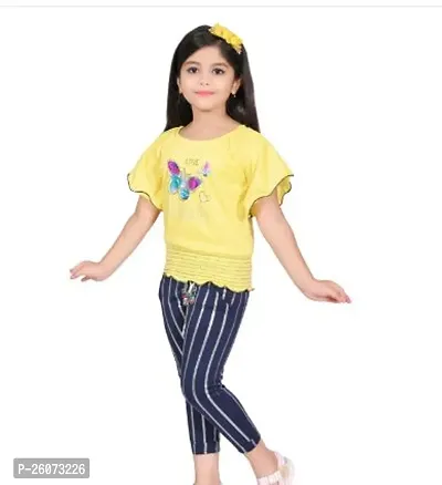 Fabulous Yellow Crepe Printed Top With Bottom For Girls