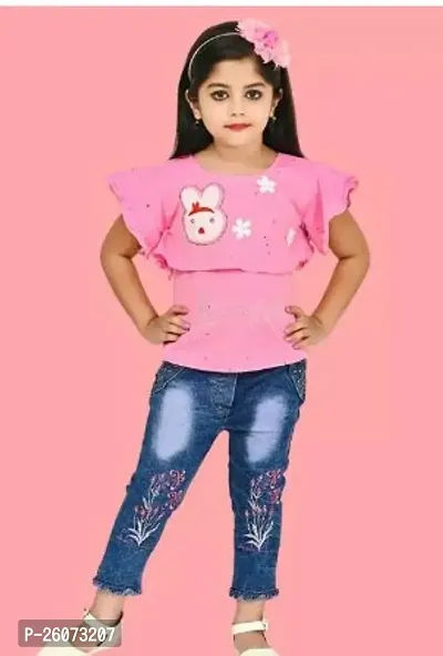 Fabulous Pink Cotton Printed Top With Bottom For Girls-thumb0