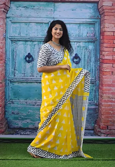 Jaipuri Printed Cotton Mulmul Saree With Attached Blouse Piece