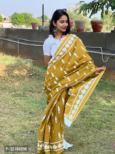 Classic Mustard Cotton Printed Saree With Blouse Piece For Women-thumb0