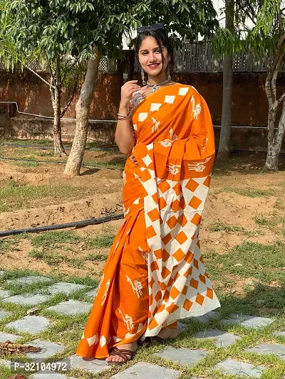 Classic Orange Cotton Printed Saree With Blouse Piece For Women