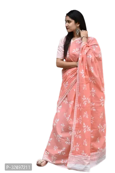 Beautiful Pink Cotton Printed Saree With Blouse Piece For Women