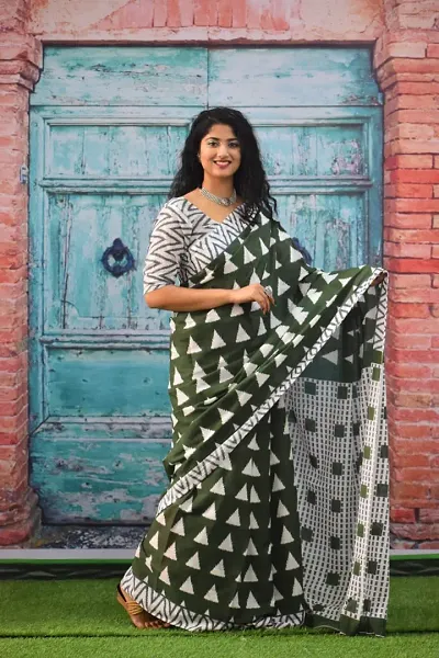 Jaipuri Printed Cotton Mulmul Saree With Attached Blouse Piece