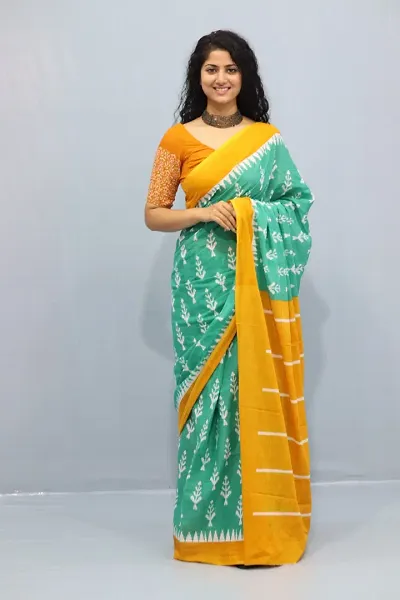 Beautiful Cotton Mulmul Printed Saree With Blouse Piece