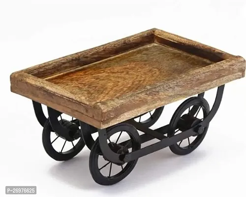 showpieces Wooden Thela Snacks Serving Tray Wood Cart Wooden Platter Trolley for Serving Snacks and Tea with Four Wheels, Brown-thumb0