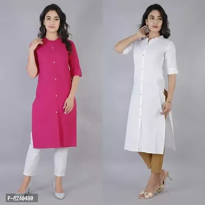 Mertiya Women's Casual Cotton Frontslit Plain Straight Kurta Combo|Women Kurtis|Kurtis for Women-thumb3