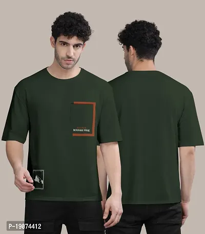 Stylish Olive Front Printed Colourblock Baggy Oversized Tshirt for Men