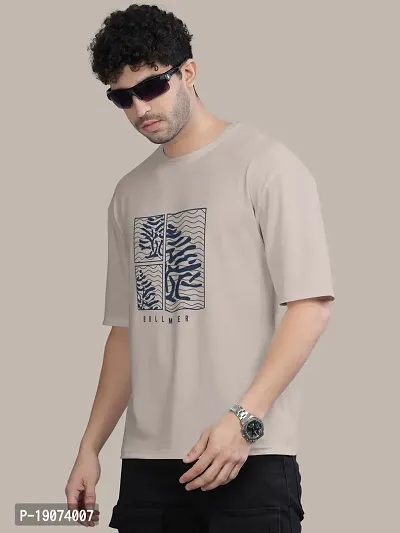 Stylish Beige Front Printed Colourblock Baggy Oversized Tshirt for Men-thumb2