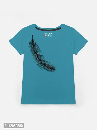 Stylish Turquoise Cotton Blend Printed Tee For Girls