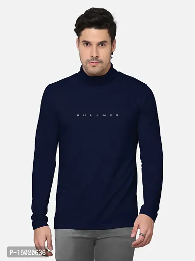 Reliable Navy Blue Cotton Blend Solid High Neck Tees For Men