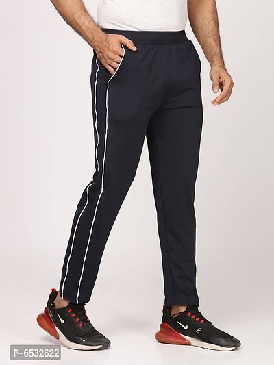 Stylish Navy Blue Polyester Self Pattern Regular Track Pants For Men-thumb2