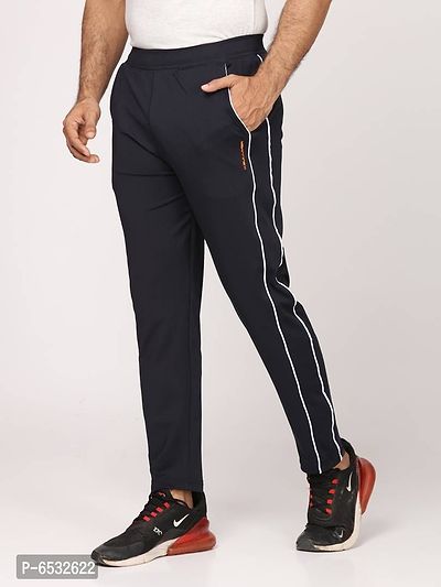 Stylish Navy Blue Polyester Self Pattern Regular Track Pants For Men