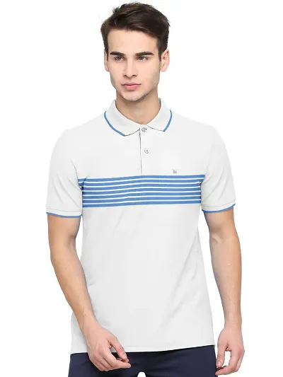 Stylish Cotton Blend Striped Polos Neck T-shirt