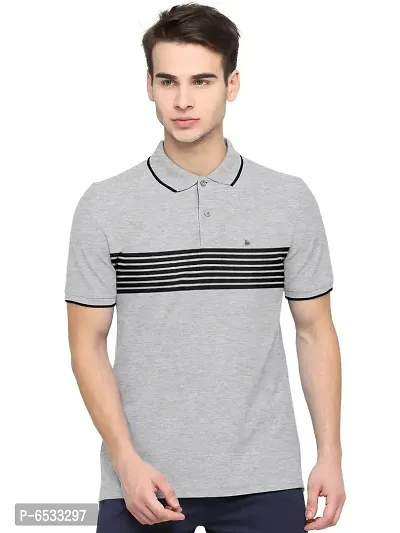Stylish Cotton Blend Grey Striped Polos Neck Half Sleeves T-shirt For Men- Pack Of 1