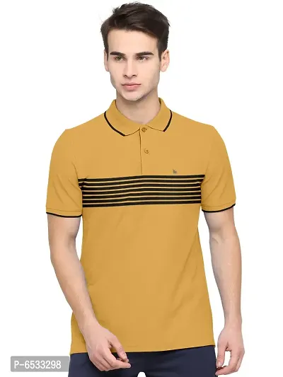 Stylish Cotton Blend Yellow Striped Polos Neck Half Sleeves T-shirt For Men- Pack Of 1
