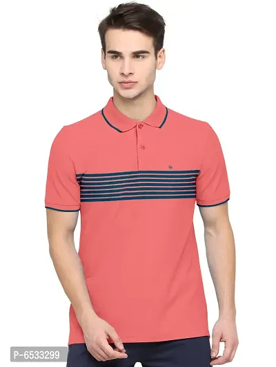 Stylish Cotton Blend Pink Striped Polos Neck Half Sleeves T-shirt For Men- Pack Of 1
