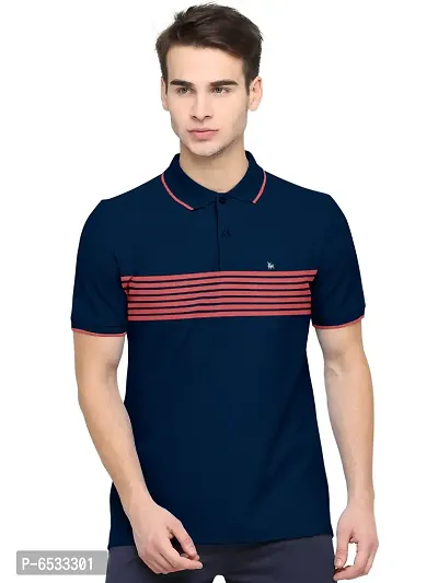 Stylish Cotton Blend Navy Blue Striped Polos Neck Half Sleeves T-shirt For Men- Pack Of 1