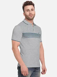Stylish Cotton Blend Grey Striped Polos Neck Half Sleeves T-shirt For Men- Pack Of 1-thumb1