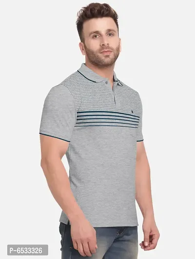 Stylish Cotton Blend Grey Striped Polos Neck Half Sleeves T-shirt For Men- Pack Of 1-thumb2